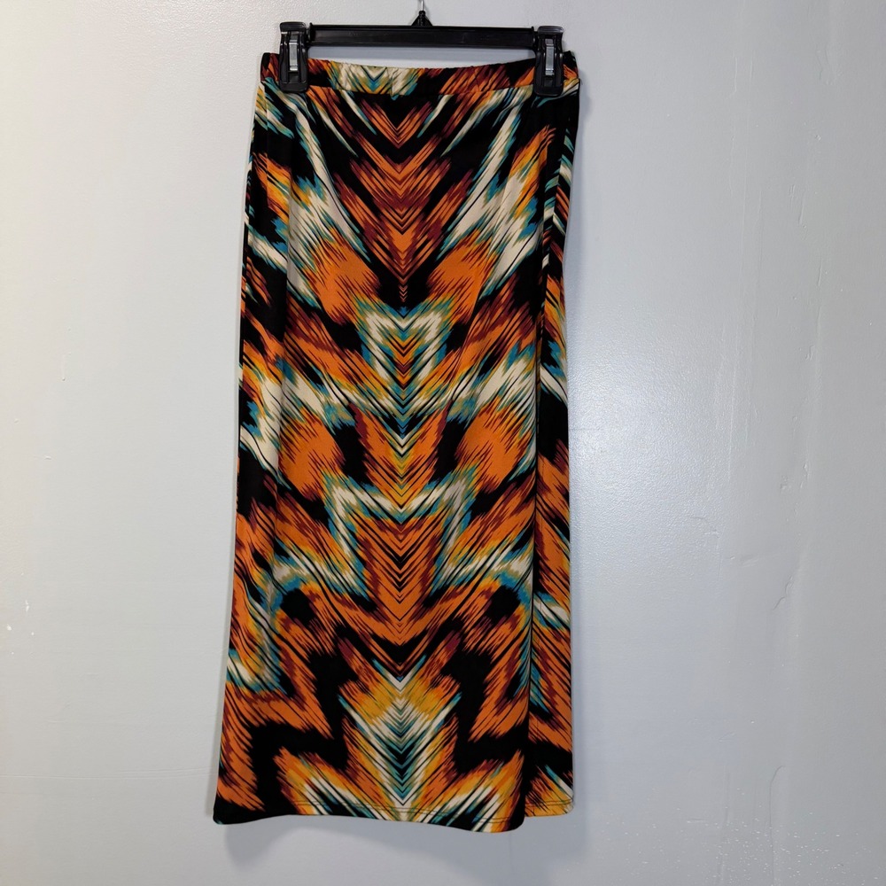Cha Cha Vente Womens PS Petite Maxi Skirt Orange Blue Abstract Geometric Split
